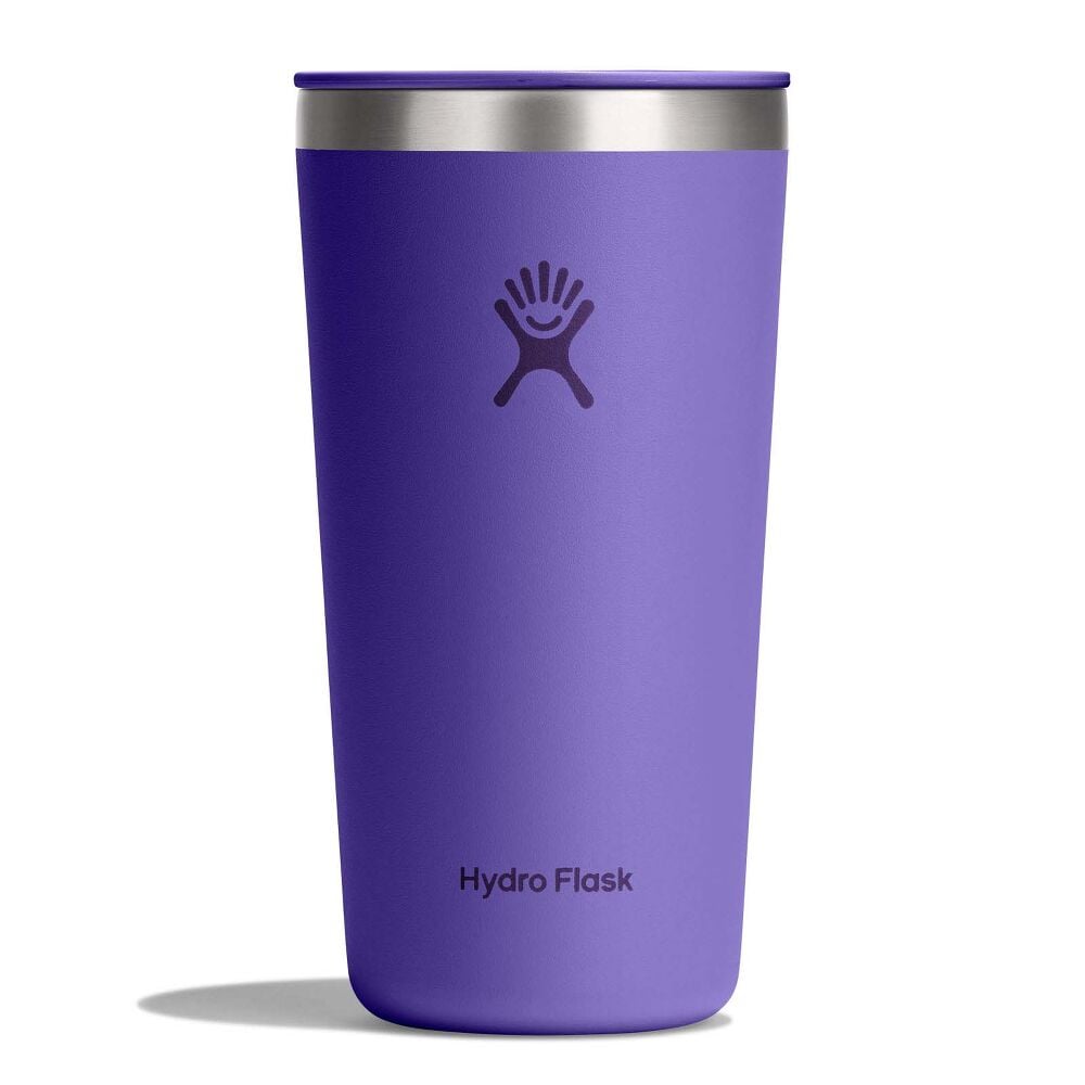 Purple Hydro Flask insulated tumbler with lid, stainless-steel rim, sip opening, matte finish, and Hydro Flask logo centered on front.